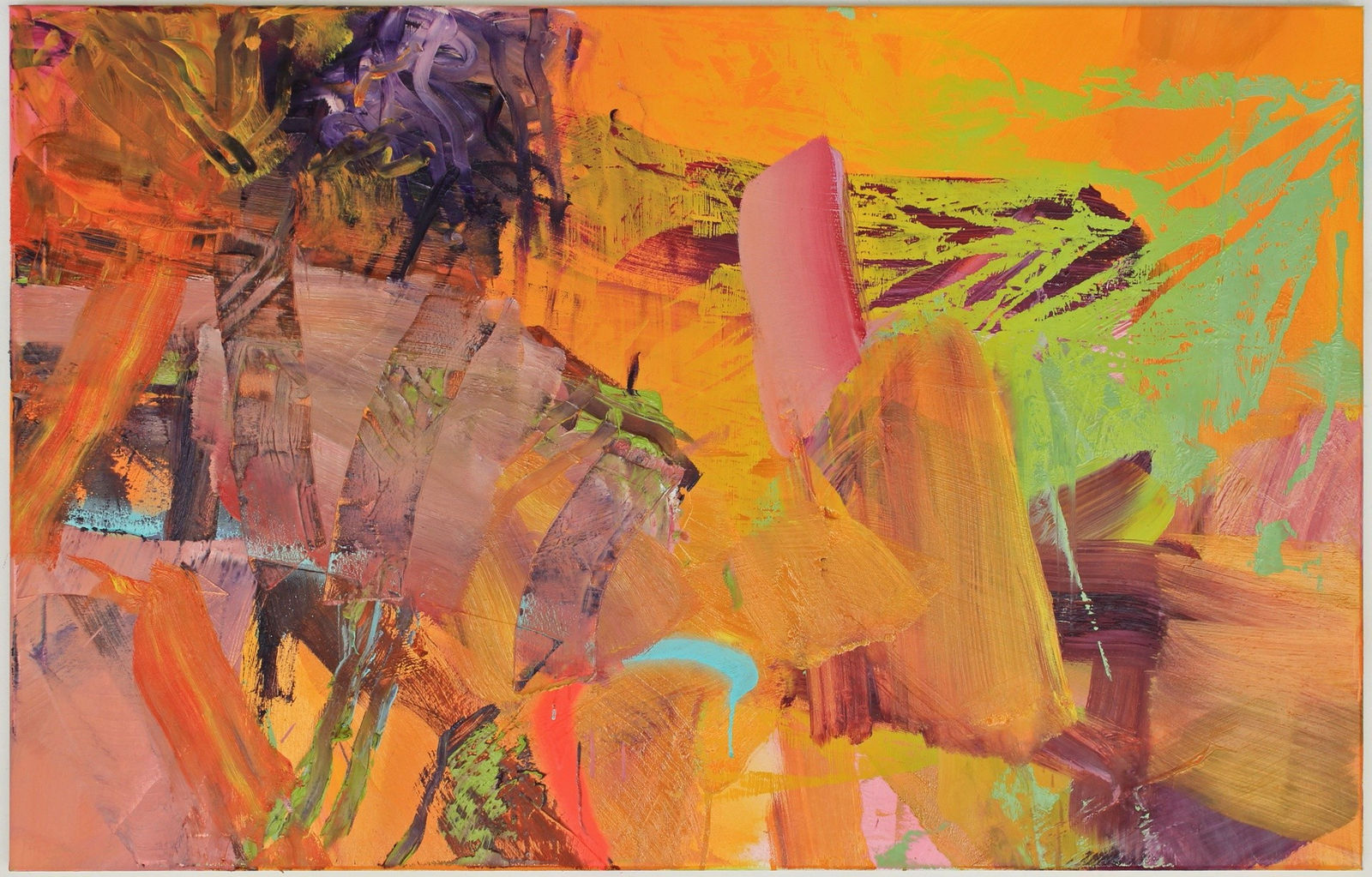 Over a primarily orange background, red, dark brown and green marks create a chaotic abstract design.