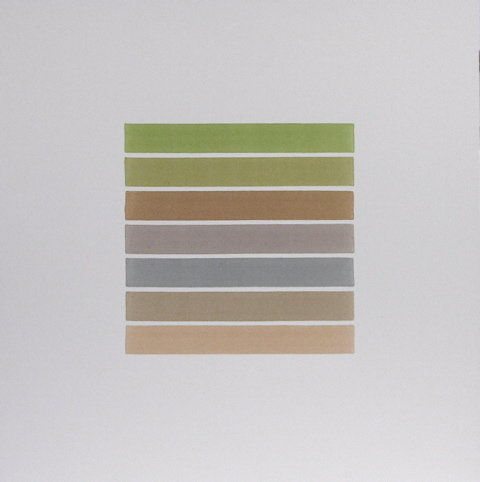 A series of seven colored horizontal lines separated by thin white lines against a white background. The lines are the following colors, from top to bottom: green, chartreuse, brown, purple, blue, beige, tan.