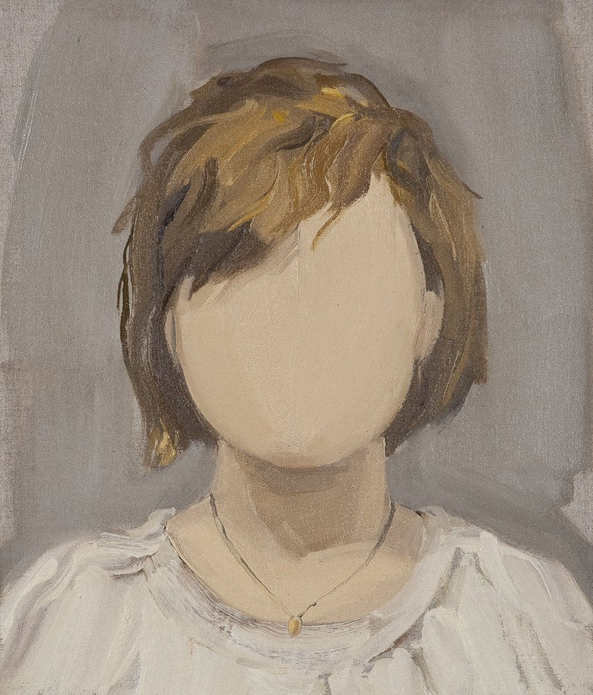 Portrait of faceless woman wearing white blouse and gold necklace. Woman’s body beneath the shoulders is cropped out of the composition.
