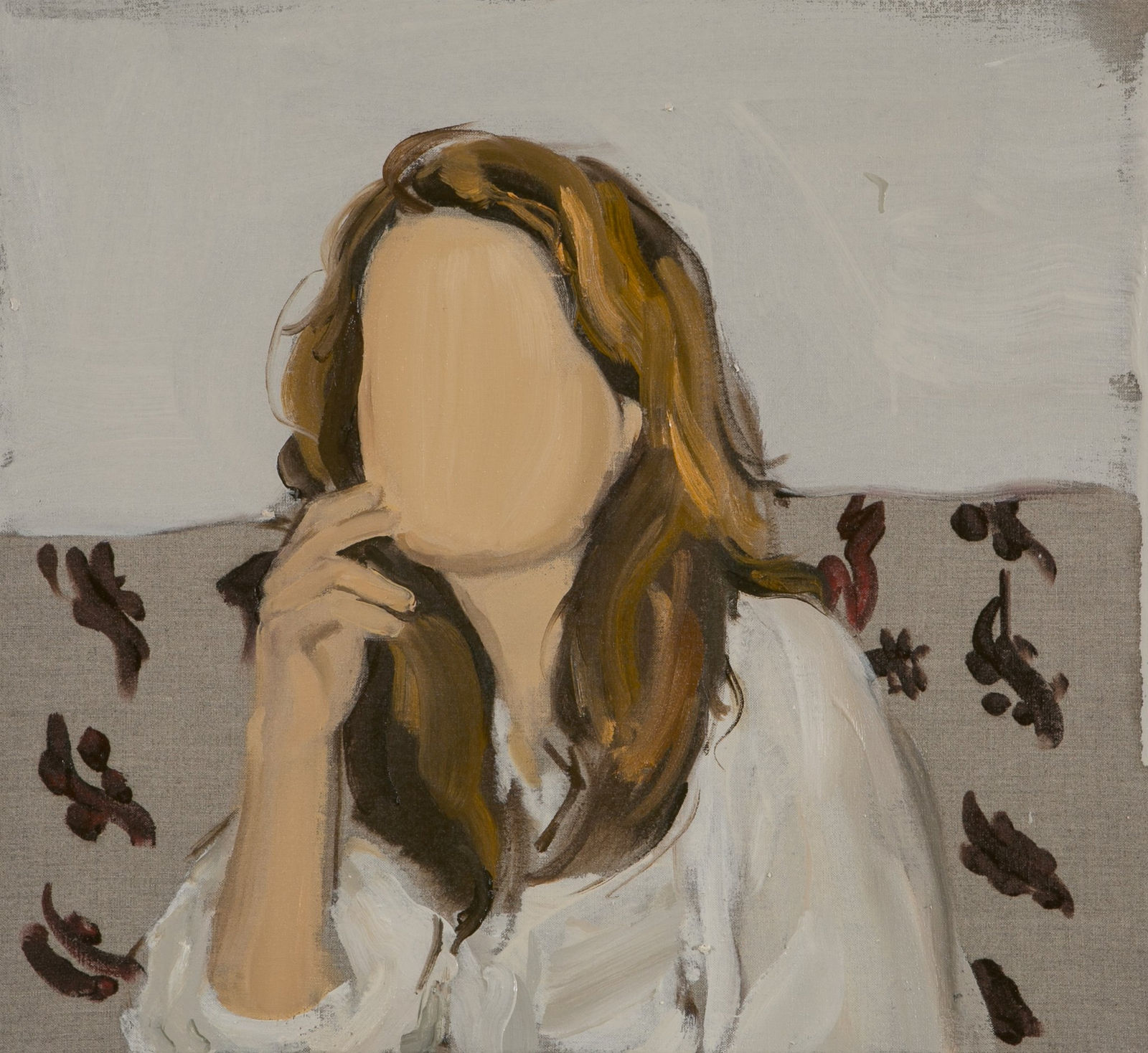 Faceless woman in white blouse touches her face with her right hand as she gazes towards the viewer in front of a loosely patterned background.