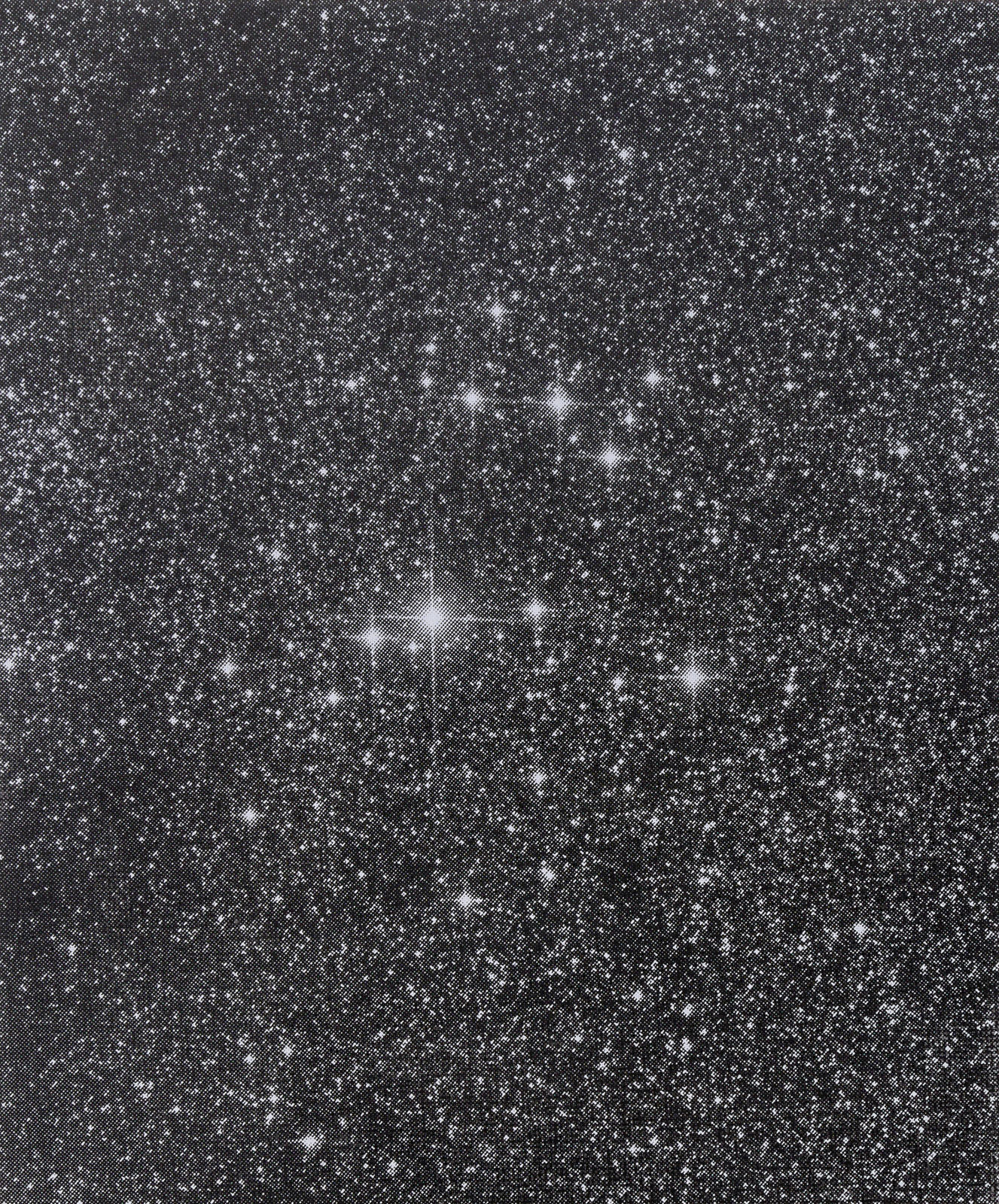 Multiple silkscreen layers of black and white paint construct a blurry and highly pixelated abstract view of a starry night sky