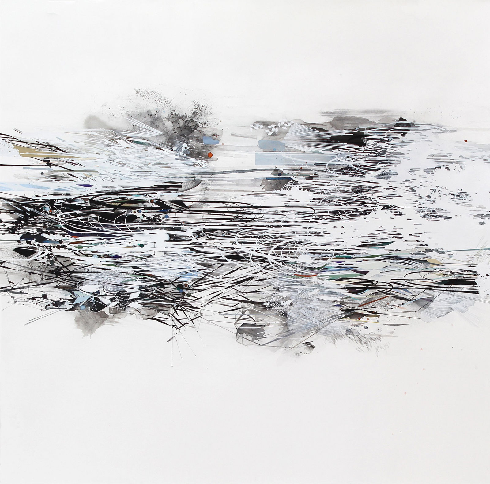 Abstract mixed media piece of a multicolored but predominantly black blue and white exploding mass of various layered and interconnecting geometric patterns, swirls, loops, paint splotches, and watercolor washes against a white background