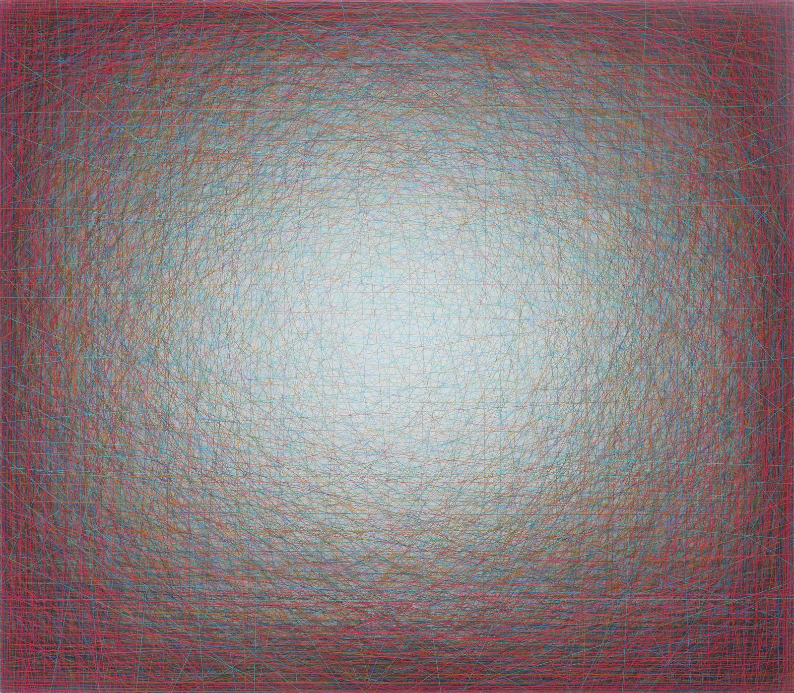 horizontal rectangular thread painting, red edges with elliptical white center