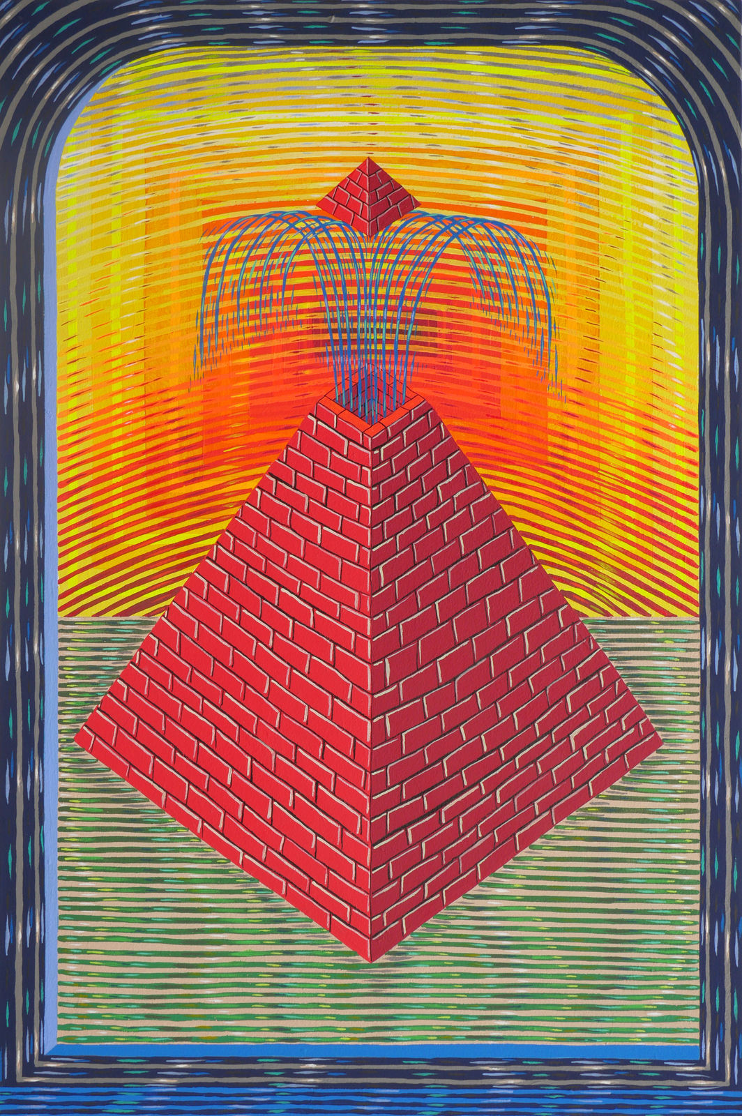 A red brick pyramid sits on a green and beige ground. The top point of the pyramid is shot upward by a blue fountain. The surface has an illusion of both horizontal lines and vertical, non-uniform zig-zags. The background of radiating neon red, orange, and yellow squares is overlaid with arcing lines in the same colors. The scene sits within a blue and grey illusory frame.