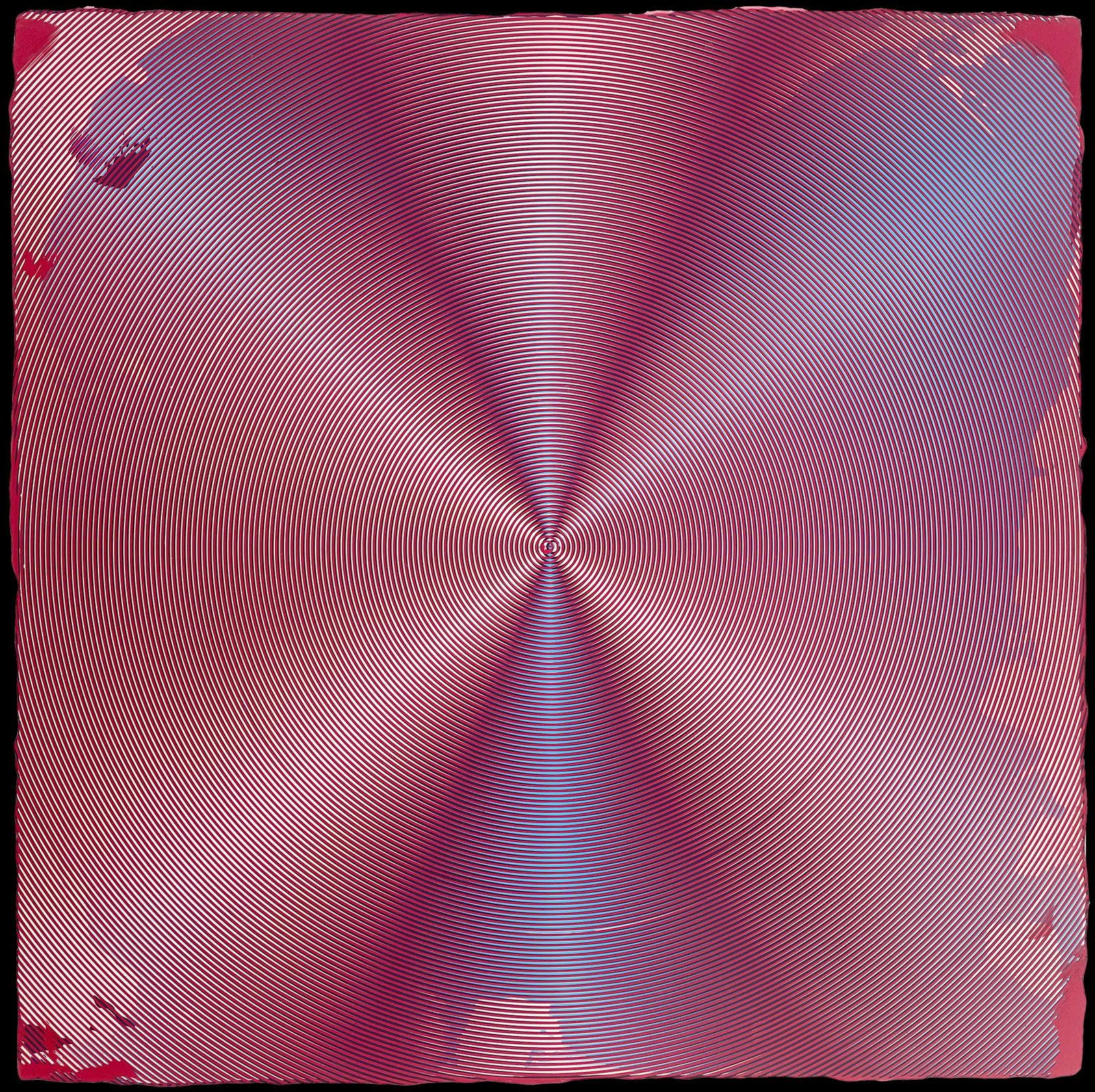 Purple pink and red paint layered to create several circular moiré effects with some pink blotches towards the corners of the piece