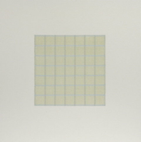 Horizontal blue lines and brown vertical lines divide a green square-shaped colorfield into a seven by seven grid.