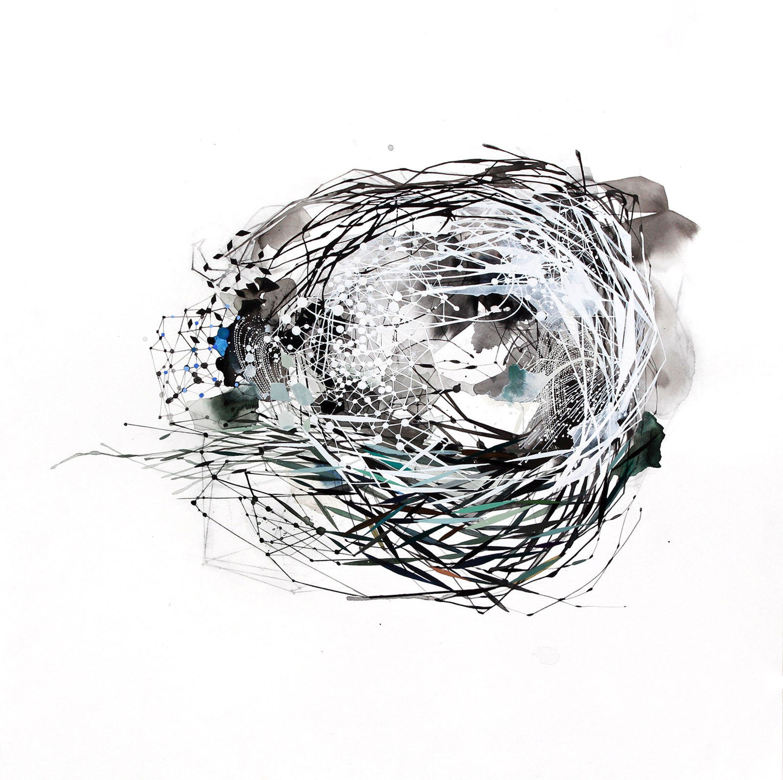 Abstract mixed media piece of a predominantly black white and gray circular mass of layered and interconnecting organic forms, paint splotches, watercolor washes, and patterns reminiscent of scientific molecular diagrams against a white background