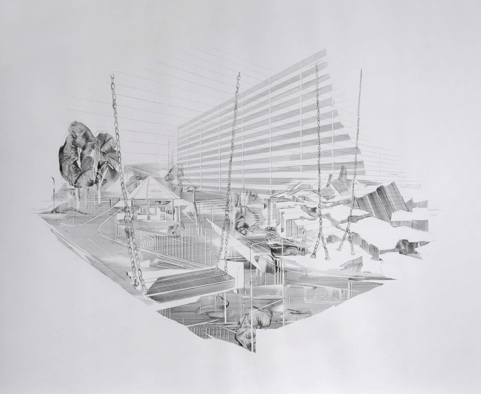 Graphite abstract drawing of outdoor playground streets and rocks with a high rise building in the background to the right and two large wooden plank swings in the foreground The drawing floats in the center of the page with negative space surrounding it
