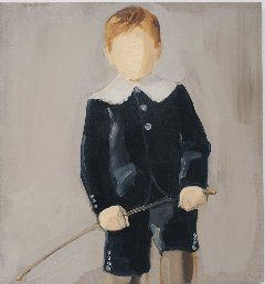 Young faceless boy in navy outfit holds stick while facing the viewer. The composition is cropped so his lower legs are not visible.
