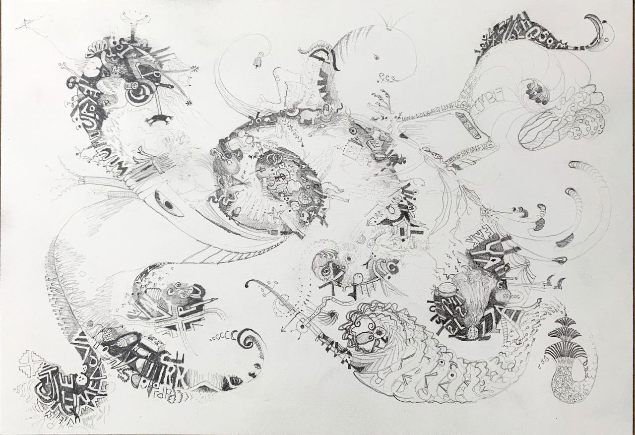 Highly detailed surreal graphite drawing on paper which employs a mix of organic forms and typography
