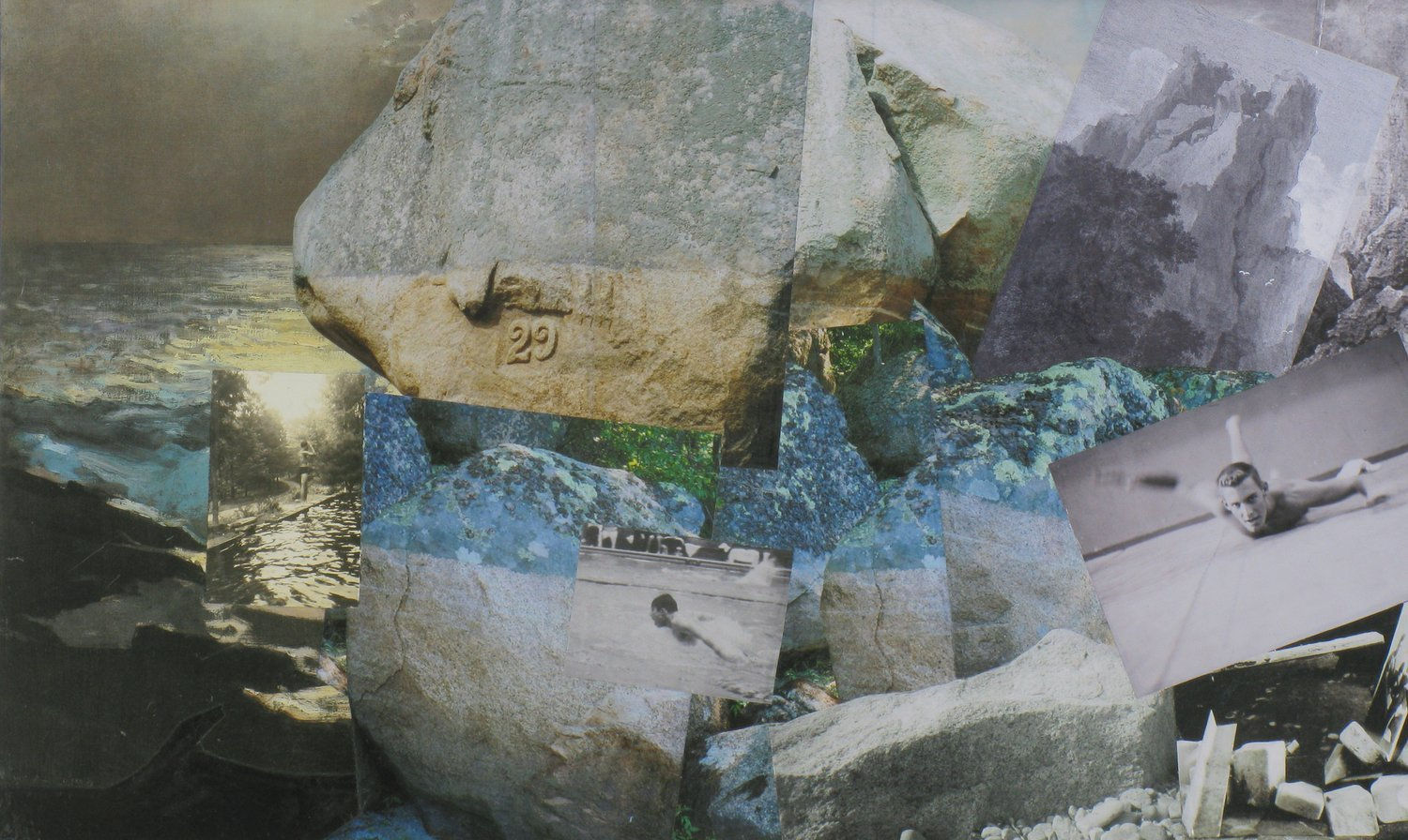 Collage of photographs and paintings of the sea, rocks covered in moss, and two men swimming, all in shades of gray and blue.