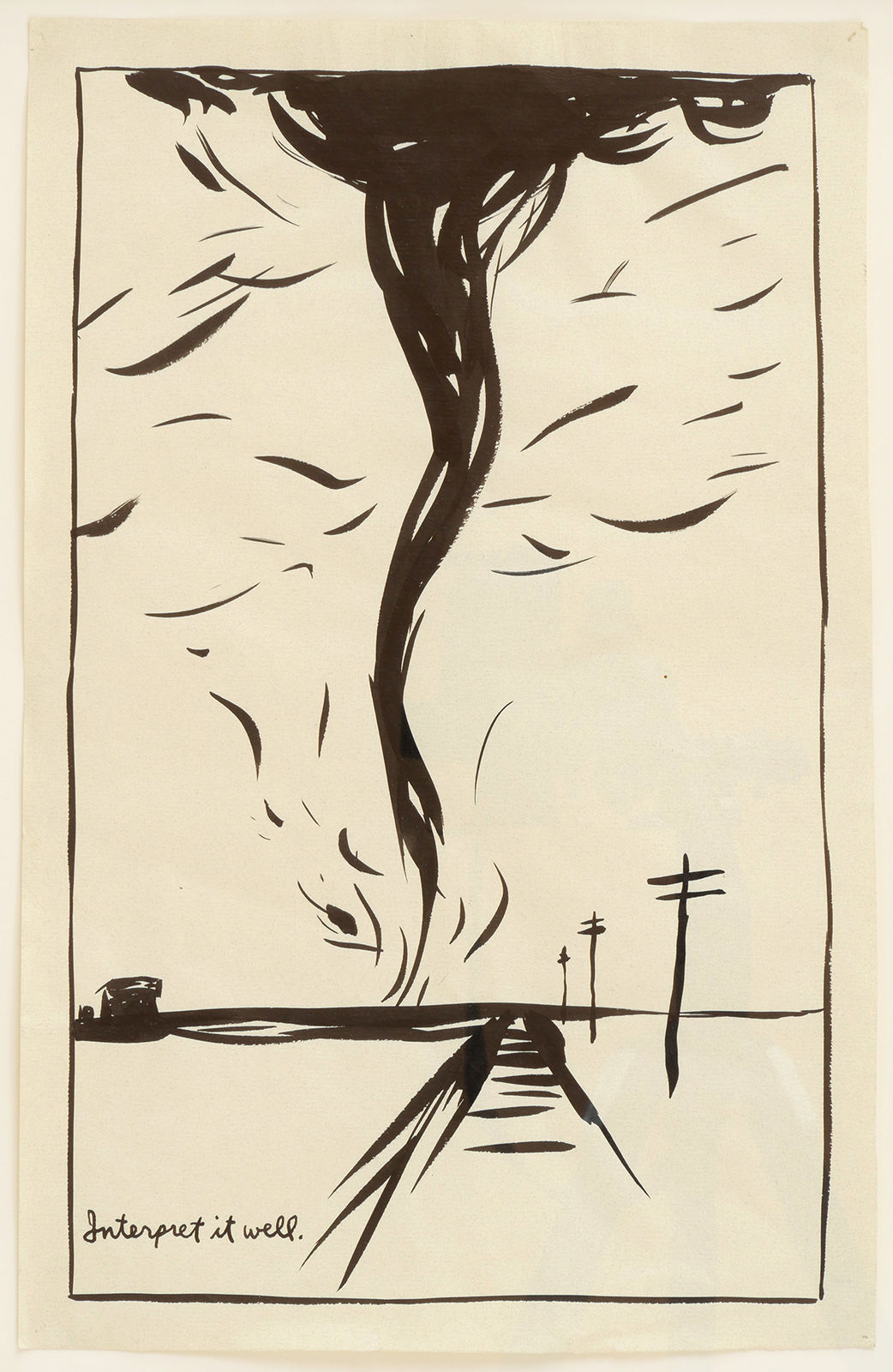 minimal landscape in black in with a suggestions of a railroad track running into the distance and a large tornado swirling in the distance