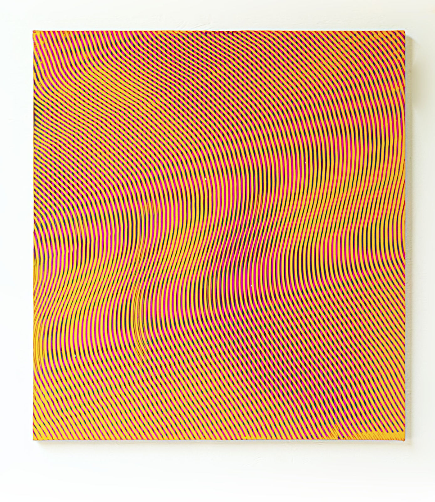 Yellow red and green paint layered to create multiple wavy moiré effects