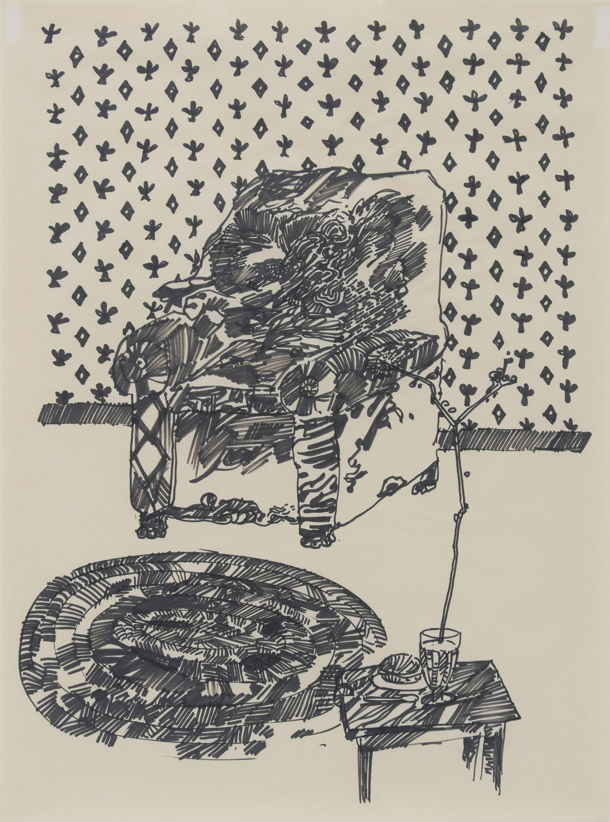 Black ink on beige paper; living room scene with armchair, rug and end table, with pattered wall behind. Shapes are formed by erratic and heavy line work.