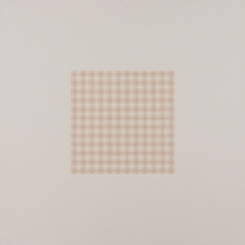 Soft tan and light pink horizontal and vertical lines create an intricate grid in a square shape against a white background.