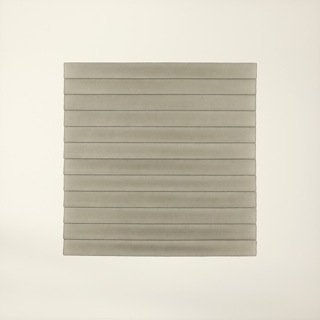 Against white background, thin dark brown horizontal lines cut across green square-shaped color field.