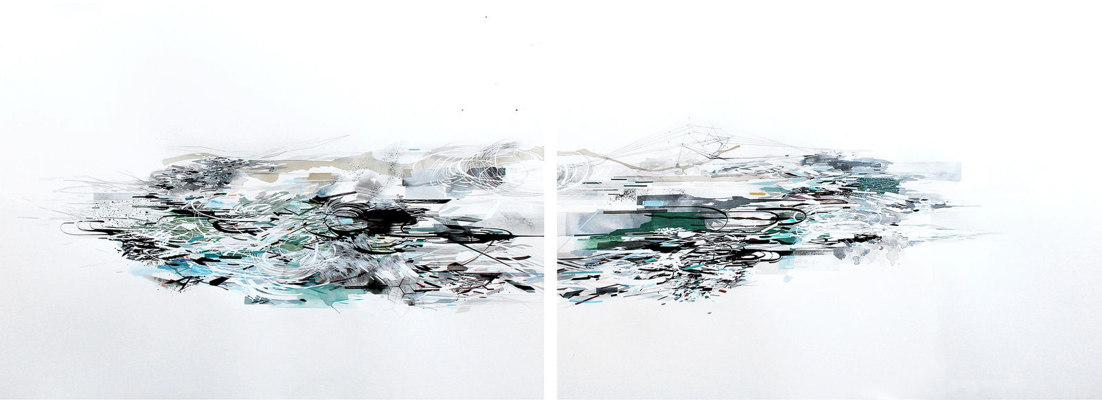 Abstract diptych mixed media piece of a dominantly black blue and dark green horizontally stretched layered mass of various thin and thick lines, rectangular shapes, paint splotches and watercolor washes. The layered form is located at the center of the diptych surrounded by white negative space