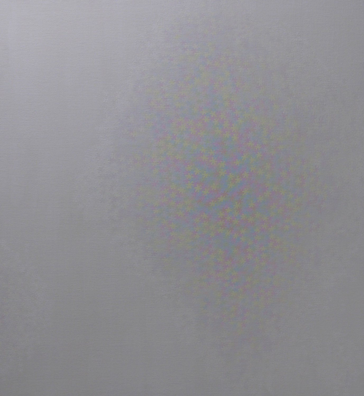 Multi-colored asterisk shaped forms morphing against each other at the center of the piece fade into a dark gray that covers the majority of the painting