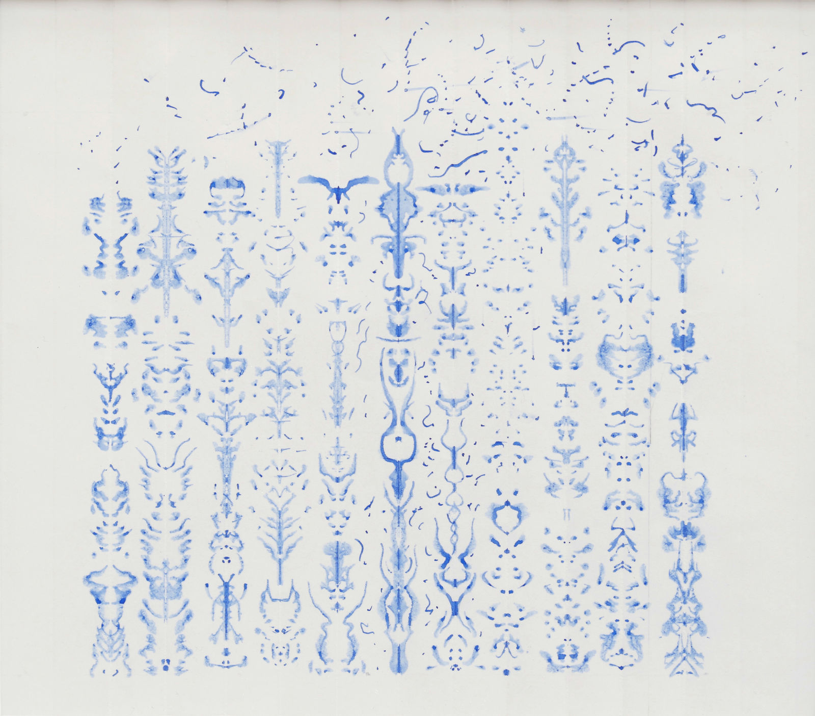 Delicate inkblot drawings in blue ink.