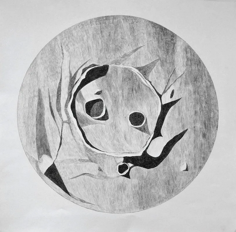 Large circular black and white ballpoint pen drawing of a zoomed in view of the moon’s largest crater, Clavius