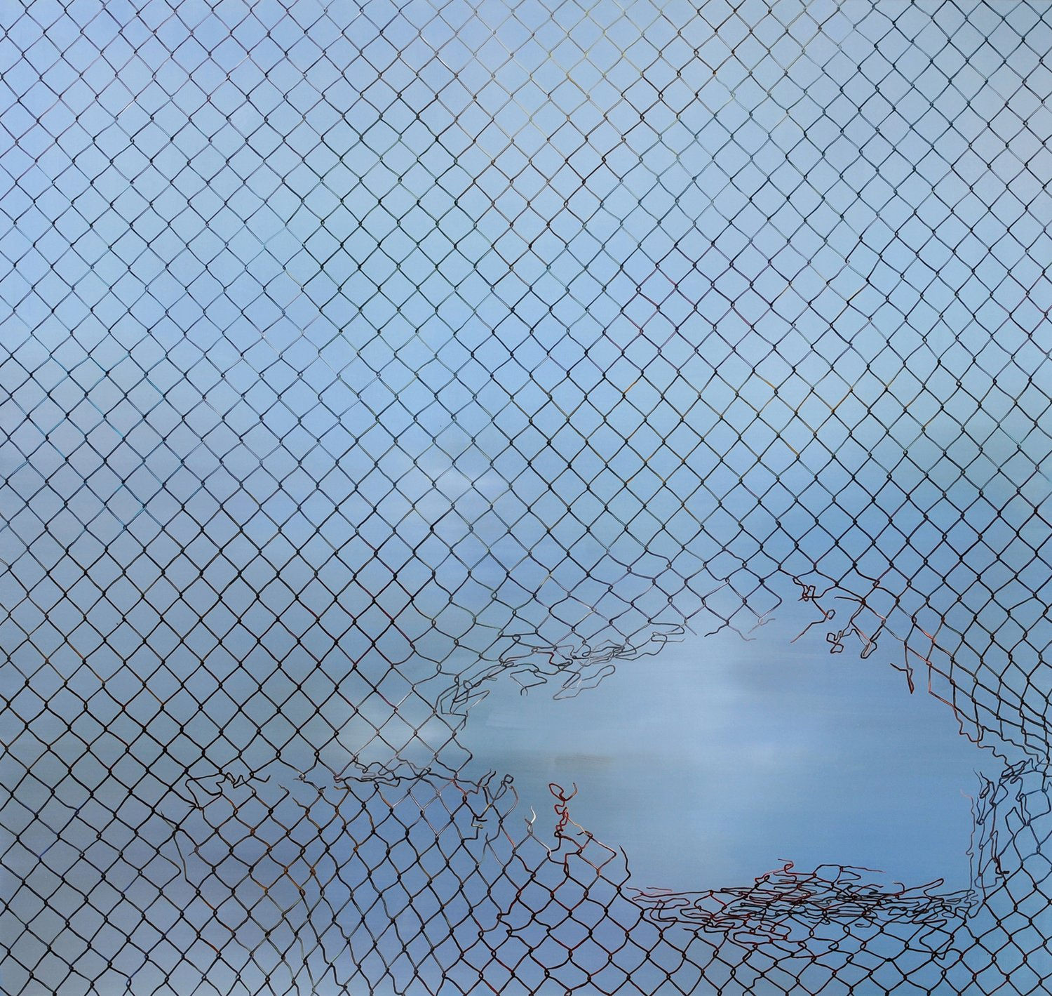 Blurry blue landscape seen through through a black diamond wire fence which has a large hole torn at the lower right of the painting