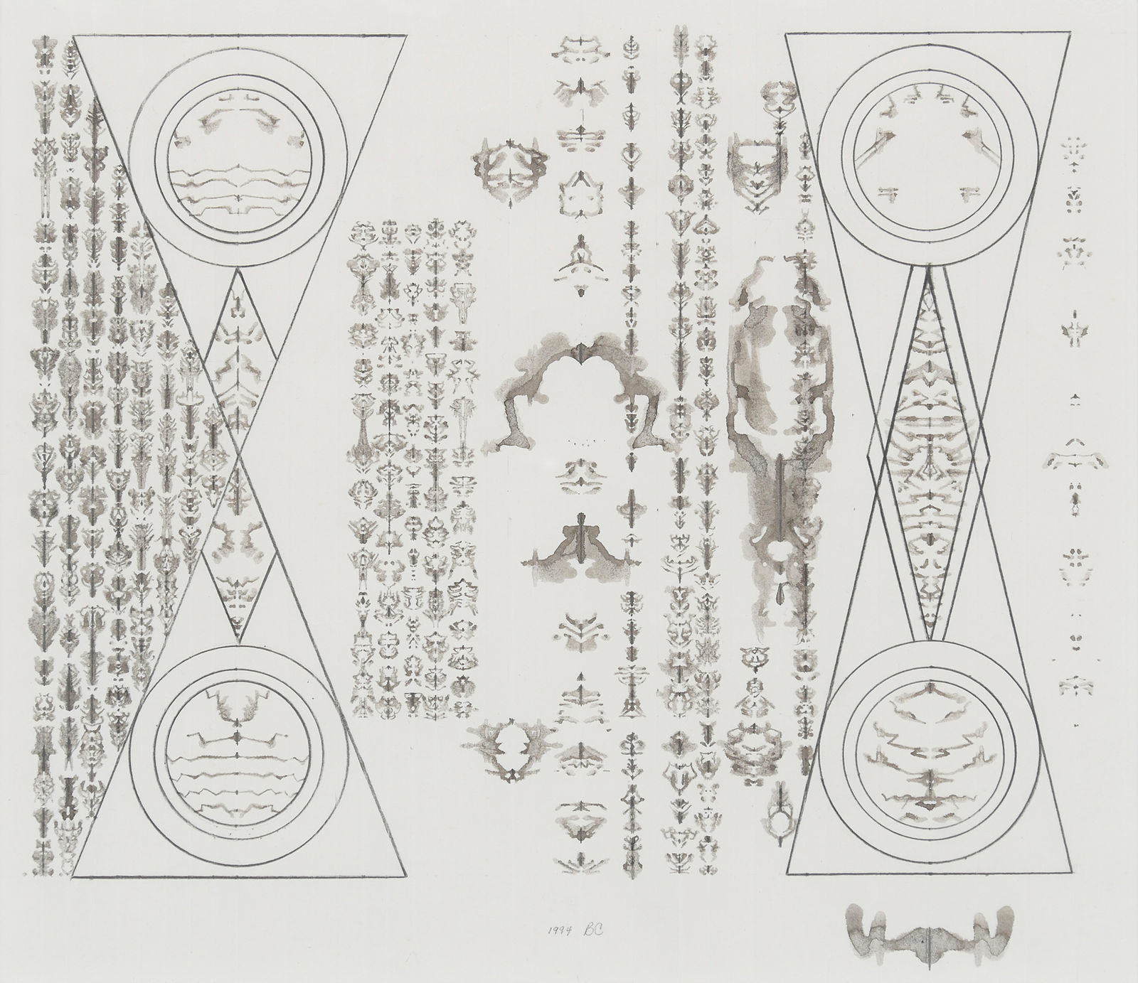 Black ink on paper which was folded in various evenly spaced columns creates several groups of intricate mirrored abstract organic forms. Graphite illustrated on top of the dried ink forms various geometric shapes and patterns that contain and surround the inkblots