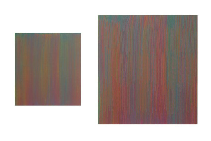 Two dark, striped painted red orange purple and blue panels follow the same pattern The panel to the right is a large rendition of the color pattern while the one on the left is a slightly smaller copy