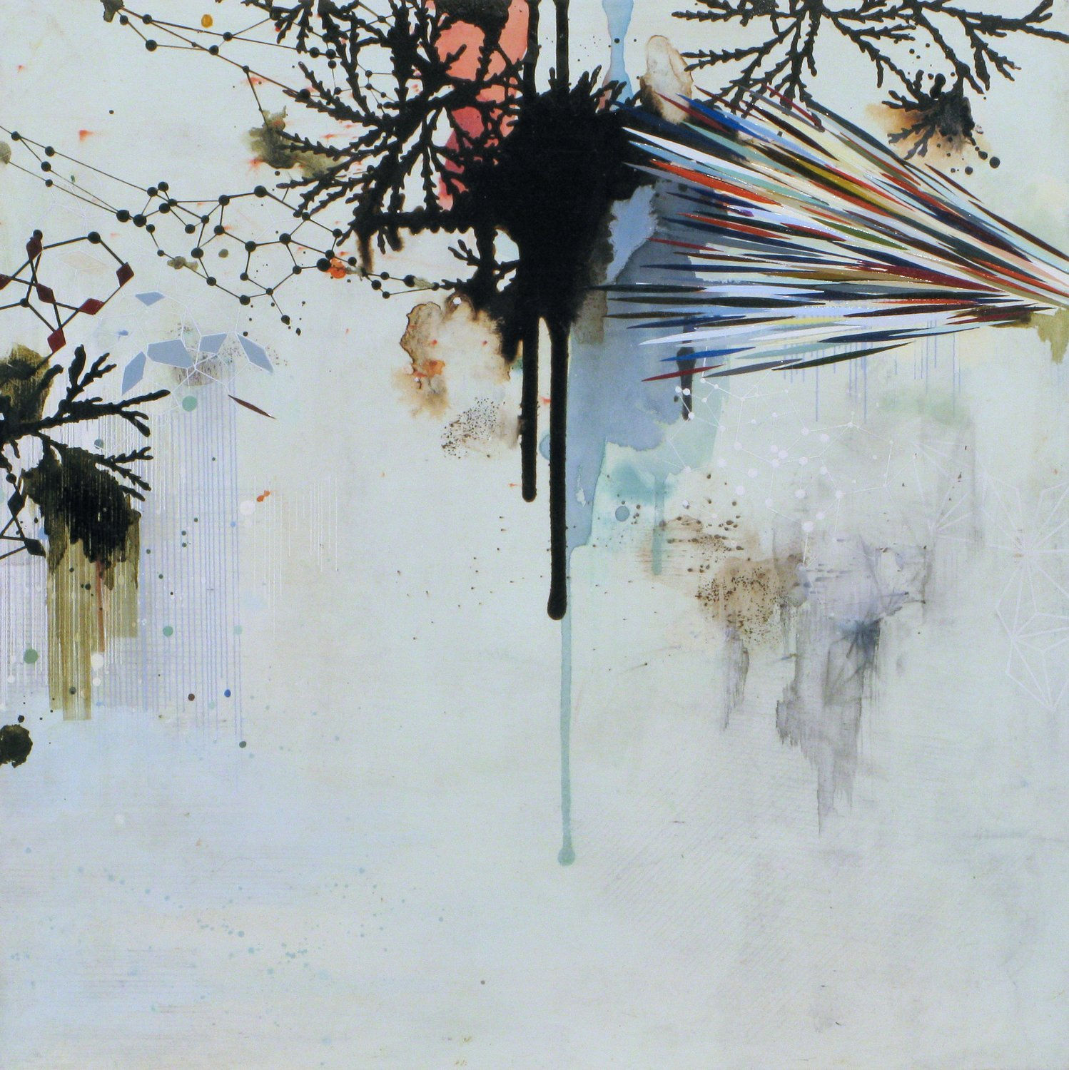 Abstract multicolored mixed media piece against a light blue background of various layered and interconnecting paint splotches and drips, geometric and organic shapes and patterns reminiscent of scientific molecular diagrams taking up the upper portion of the piece