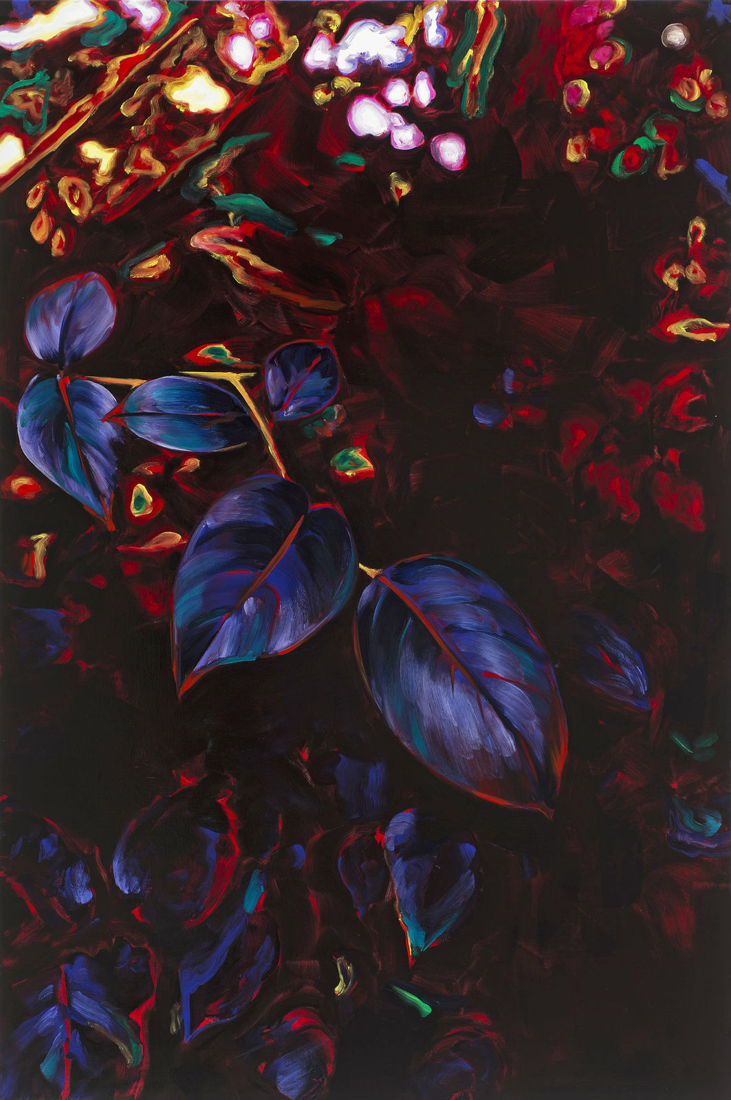 Leaves and flowers in neon color scheme contrast with dark background.