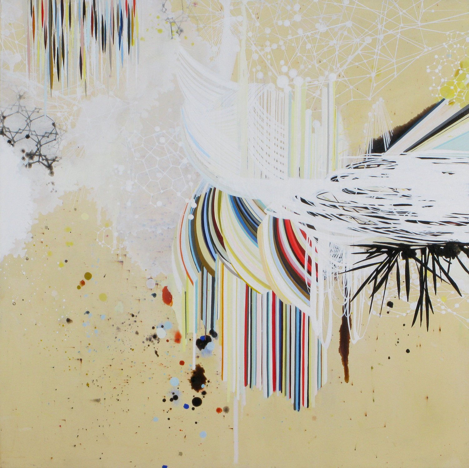 Abstract mixed media piece of layered and interconnecting multicolored geometric patterns, loops, waves, paint splotches, and patterns reminiscent of scientific molecular diagrams against a light yellow background