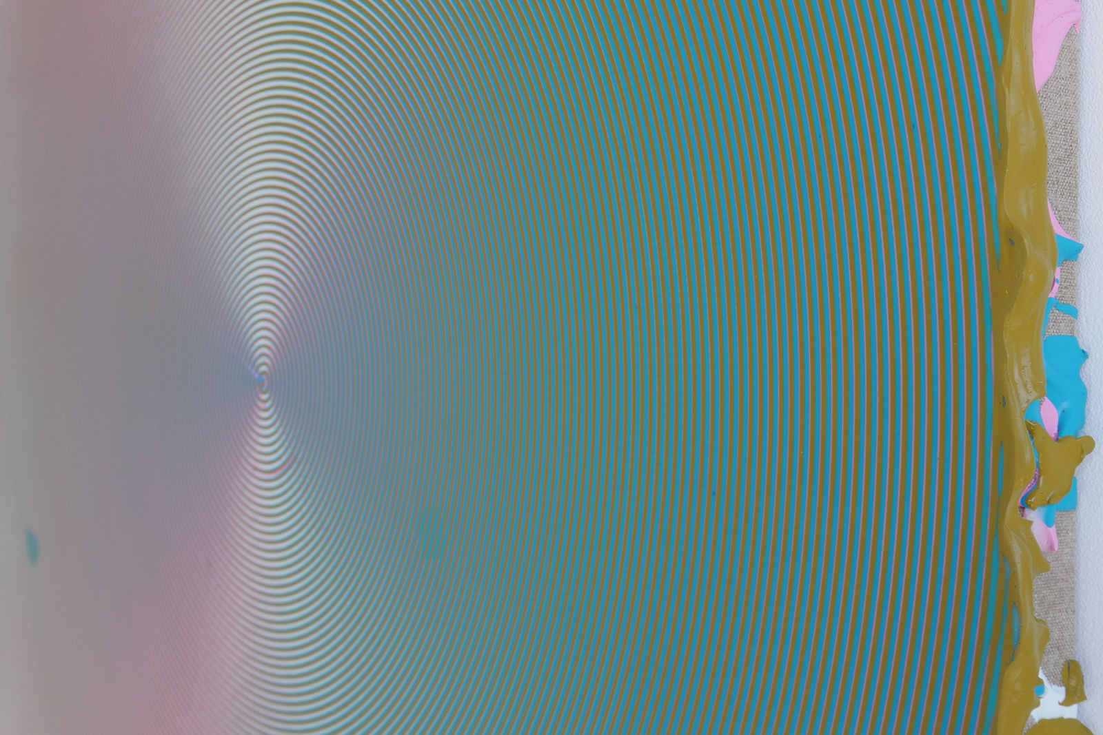 Detail of painting displaying edges with ochre, pink , teal and white paint.