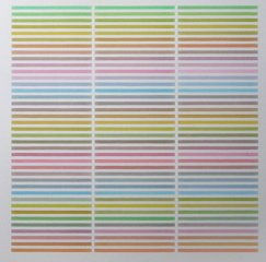 Thin bright multicolored horizontal lines against white negative space background. Sets of horizontal lines are broken into three columns, separated by two vertical white lines.