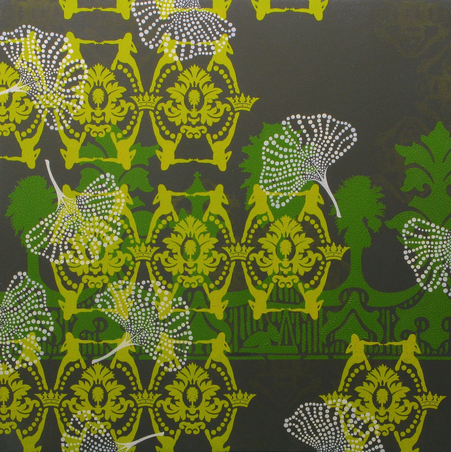 Several silkscreen layers of white green and yellow acrylic paint overlap to display several patterns against a dark gray painted panel The patterns depict vegetal designs and occasionally combine with elements from the artist’s own Asian American upbringing in the primarily white suburb of Orange County California to form a different styled motif