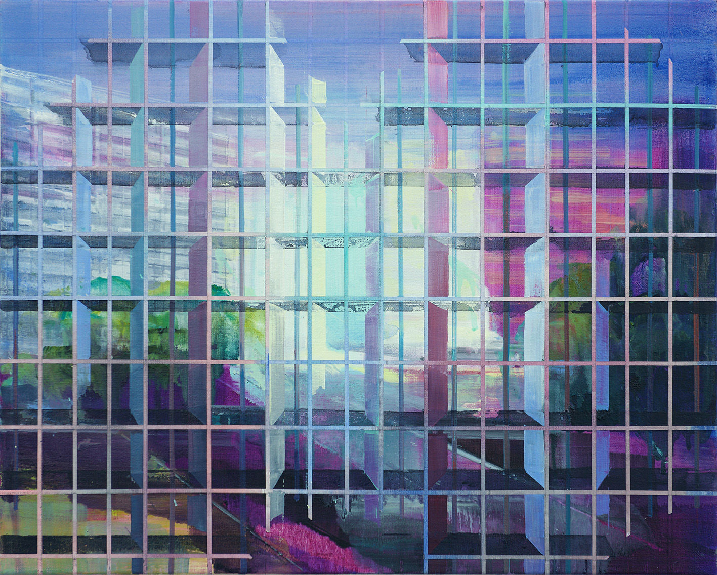 Colorful abstract landscape alludes to several high rise buildings amongst garden space with blue-purple sky A grid of alternating thin and thick horizontal and vertical lines form the illusion of foreground scaffolding