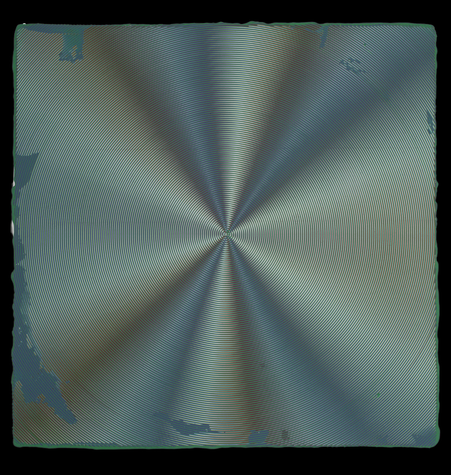 Square painting with concentric circles in dark blues and greens radiating from center outwards creating moire pattern.