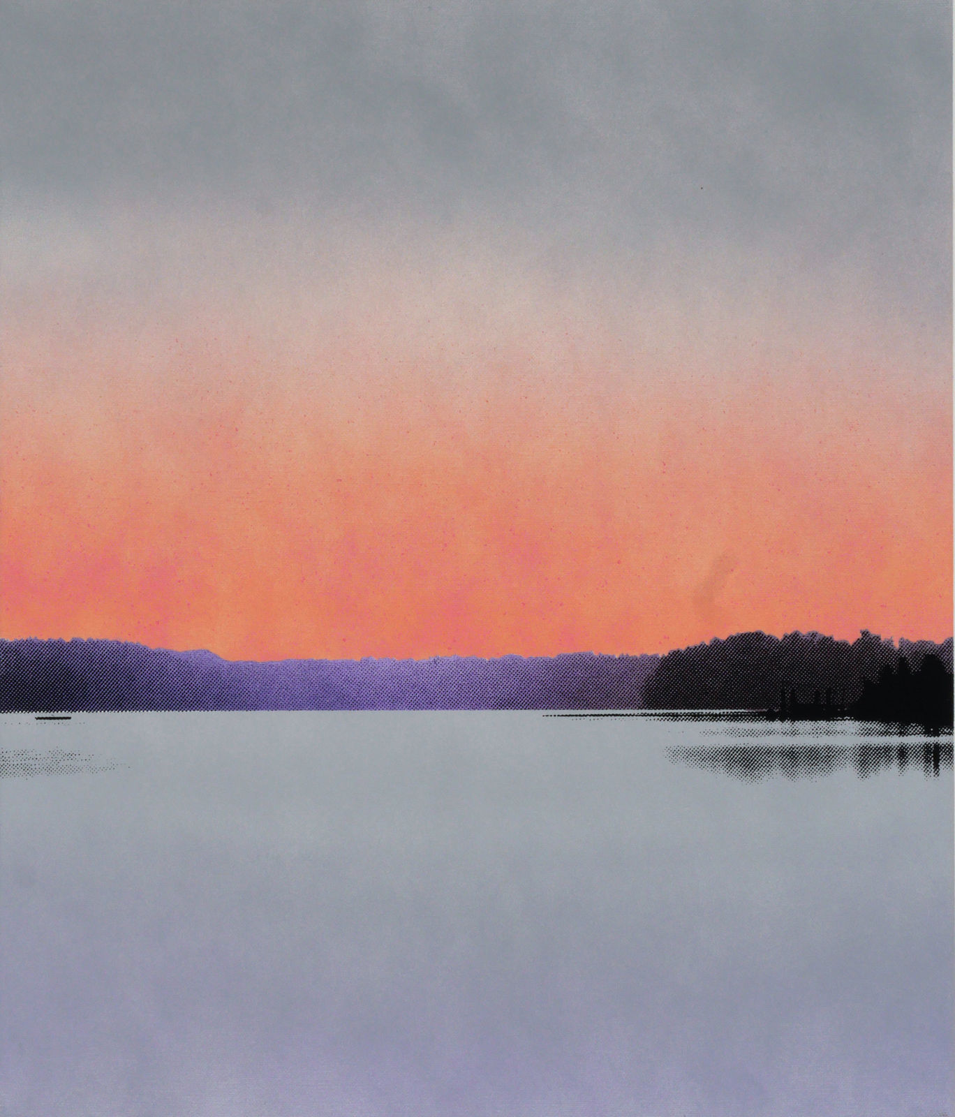 Multiple silkscreen layers of multi-colored paint form a constructed landscape of a blurry and highly pixelated distant riverbank with a sunset