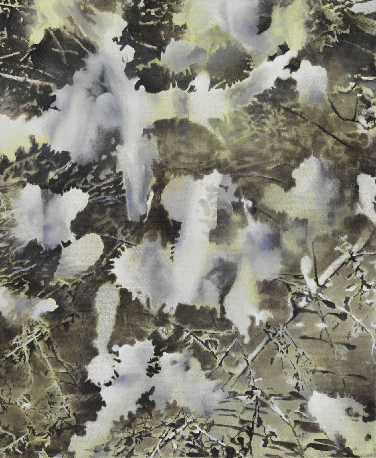 Dark green camouflage-like shapes are layered over a cloudy white and yellow background. On top of the darker shapes are white and black criss-crossing lines and tiny splashes of paint.