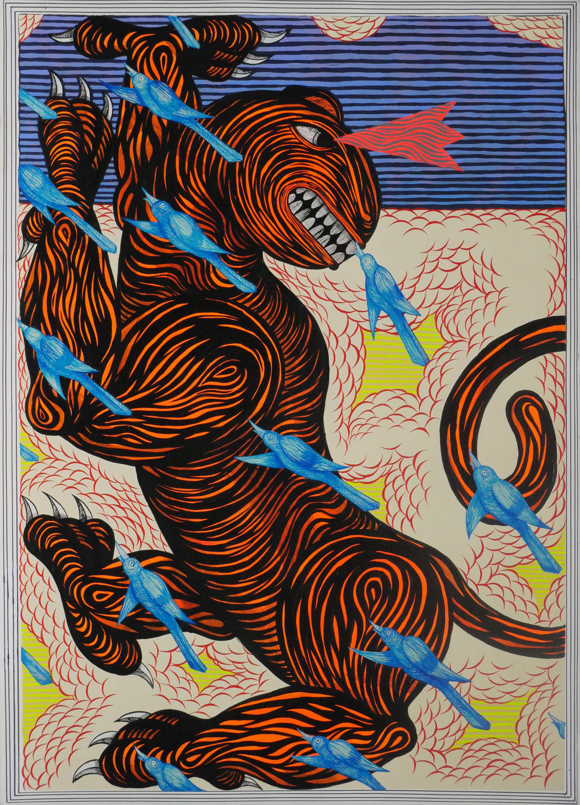 Blue birds flying over orange and black beast superimposed over black and blue striped background with red and white clouds.