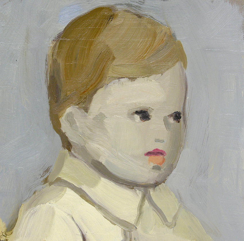Portrait of young blonde child gazing to the right in front of plain gray-blue background.