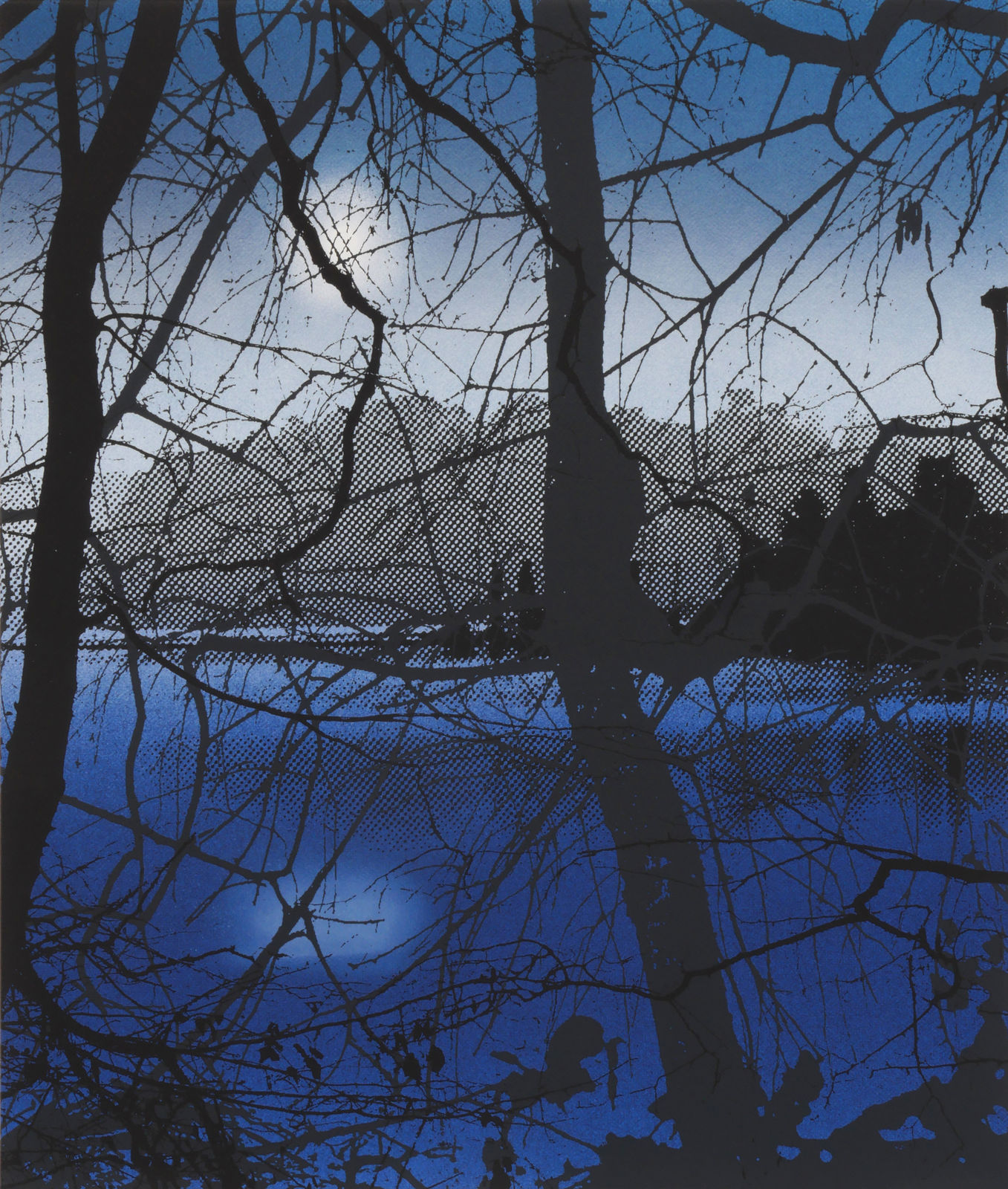 Multiple silkscreen layers of black blue white and gray paint form a constructed landscape of a blurry and heavily pixelated riverbank which is obstructed by several silhouettes of thin trees. In the upper left of the piece a small blurry white circe alluding to a shining full moon hangs in the sky while another blurry light blue circle at the bottom alludes to its watery reflection