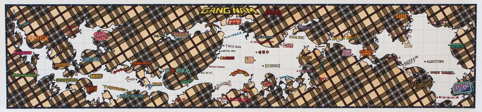 White silhouette of a long rough edged ambiguous shape that alludes to a land mass with a checkered brown background At the top center of the piece in bold yellow letters reads the words Gang Nam and throughout the piece several other locations streets businesses and brands are scattered about