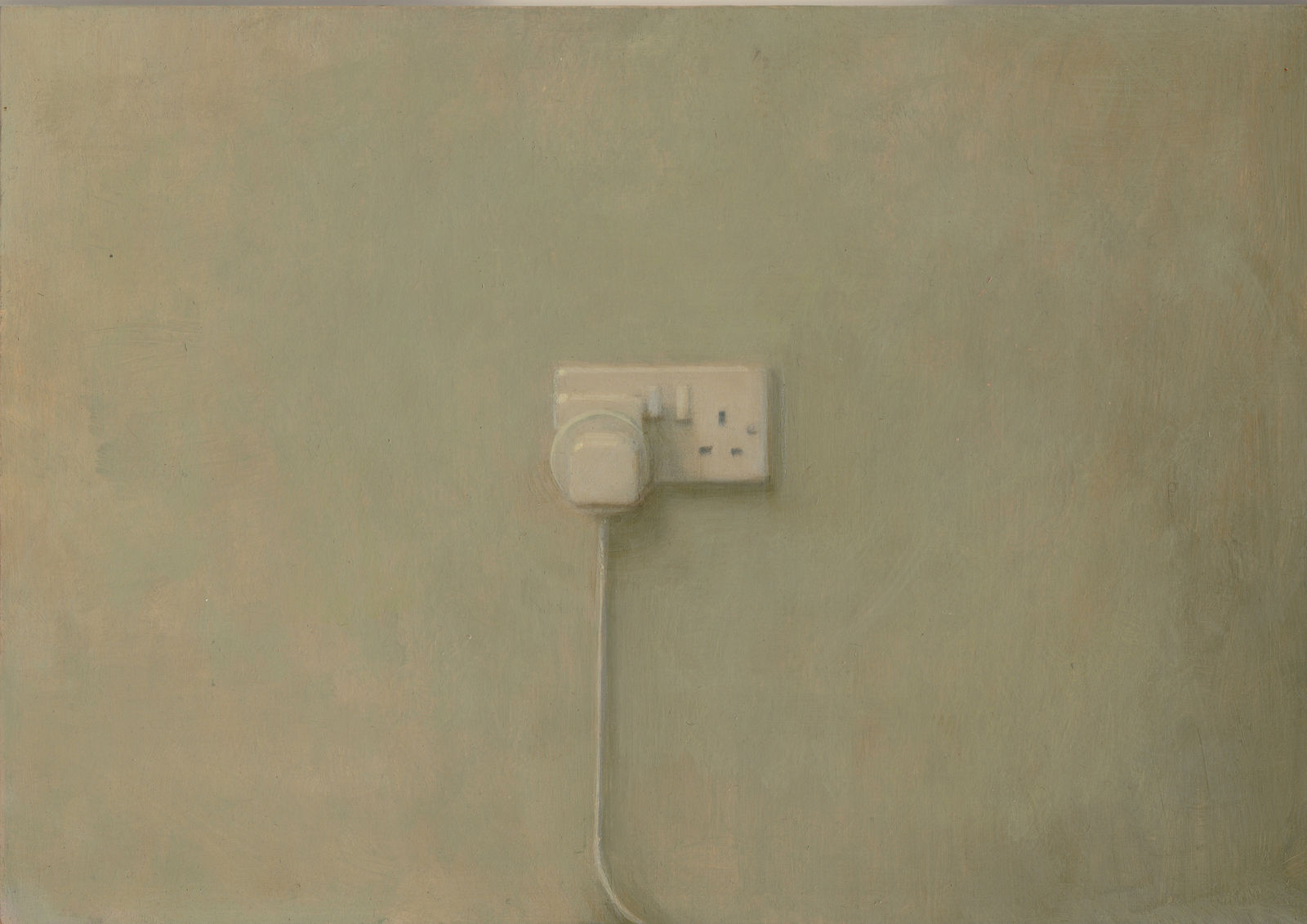 A cord is plugged into the left hole of an outlet in the center of a tan wall. The cord hangs down and curves to the right.