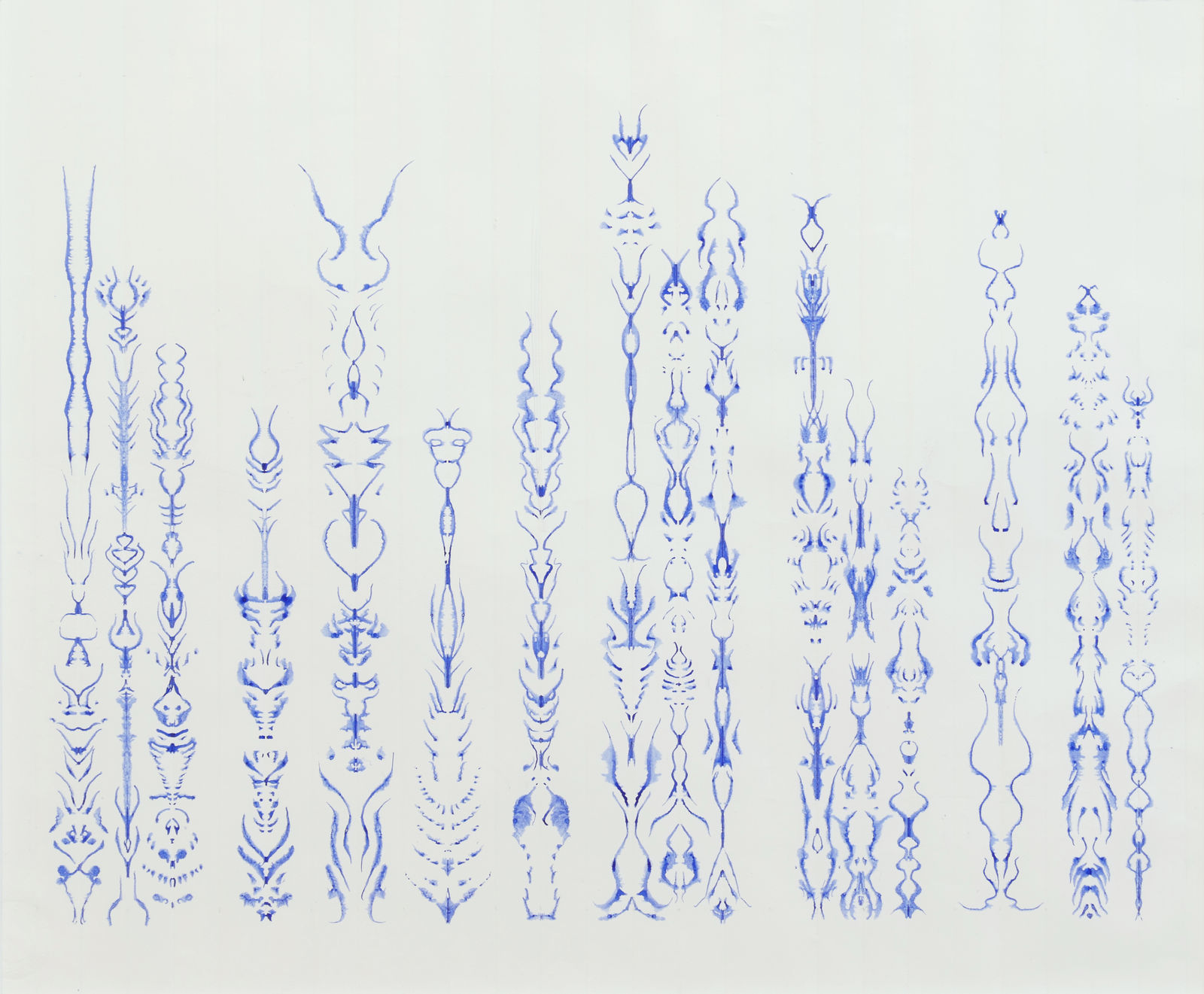 Blue ink on paper which was folded in evenly spaced columns to create varying length stacks of intricate mirrored abstract organic forms