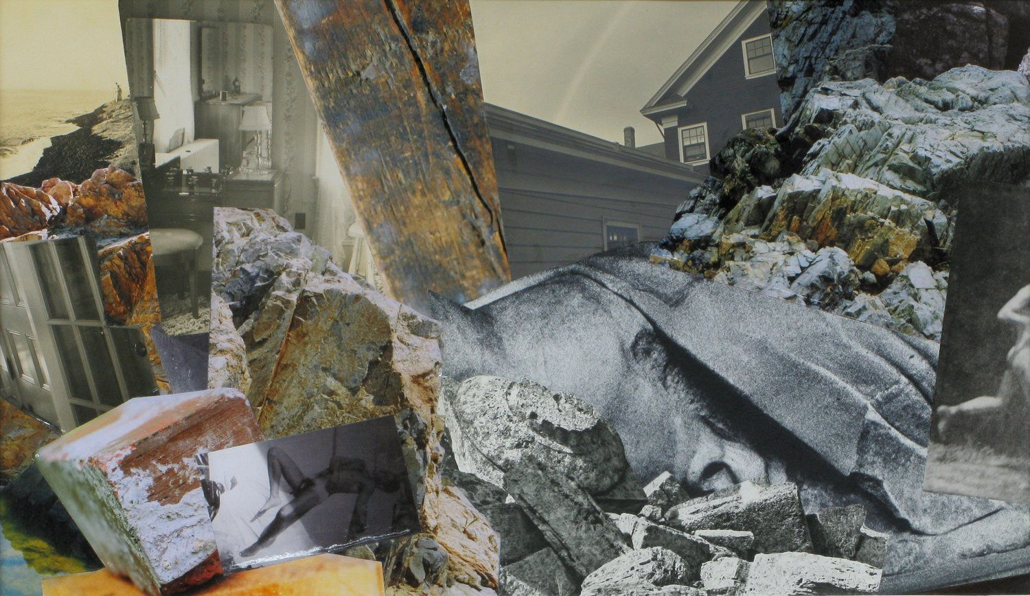 Collage of photographs of rubble, mountains, a home, planks of wood, the interior of a room and a male nude.