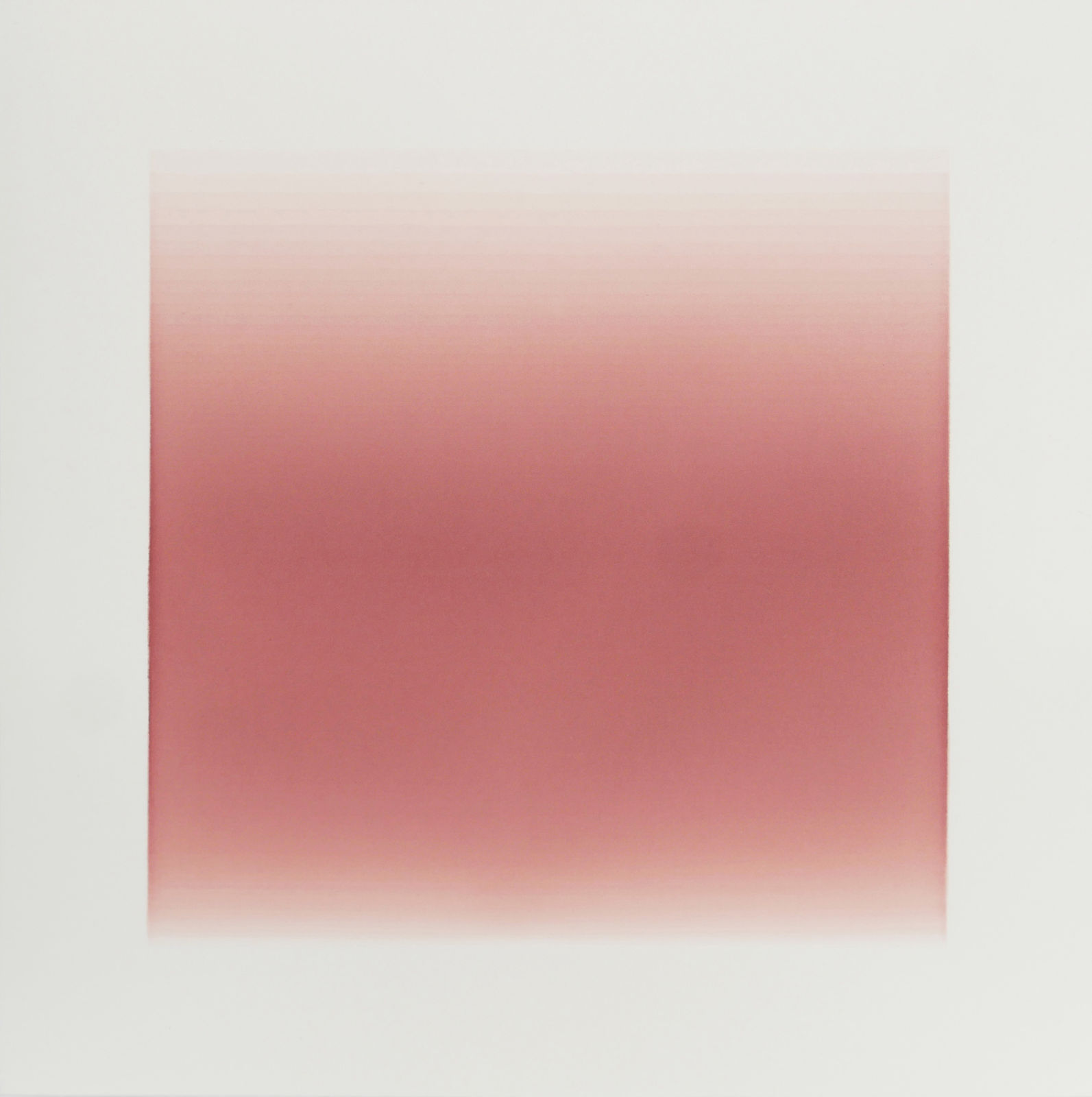 Thin horizontal lines are painted in gradient hues from light pink to red and back to light pink again, creating a square color field. The gradient effect is created from the overlapping of the horizontal lines.
