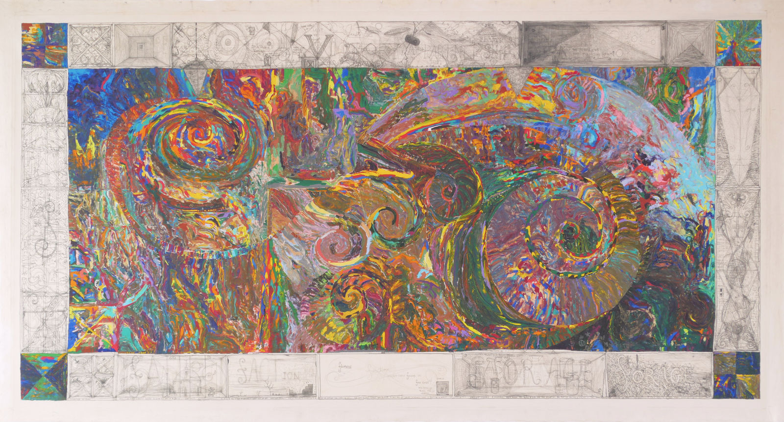 Large rectangular abstract colorful painting with unpainted border depicting scenes in graphite.