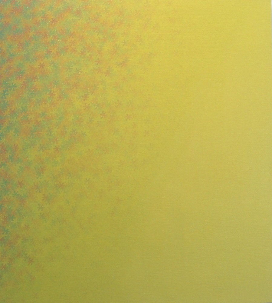 Vibrant yellow-green tinted painting with multi-colored asterisk shaped forms morphing and moving in waves against each other which then fade into a yellow-green as they approach the right side of the piece