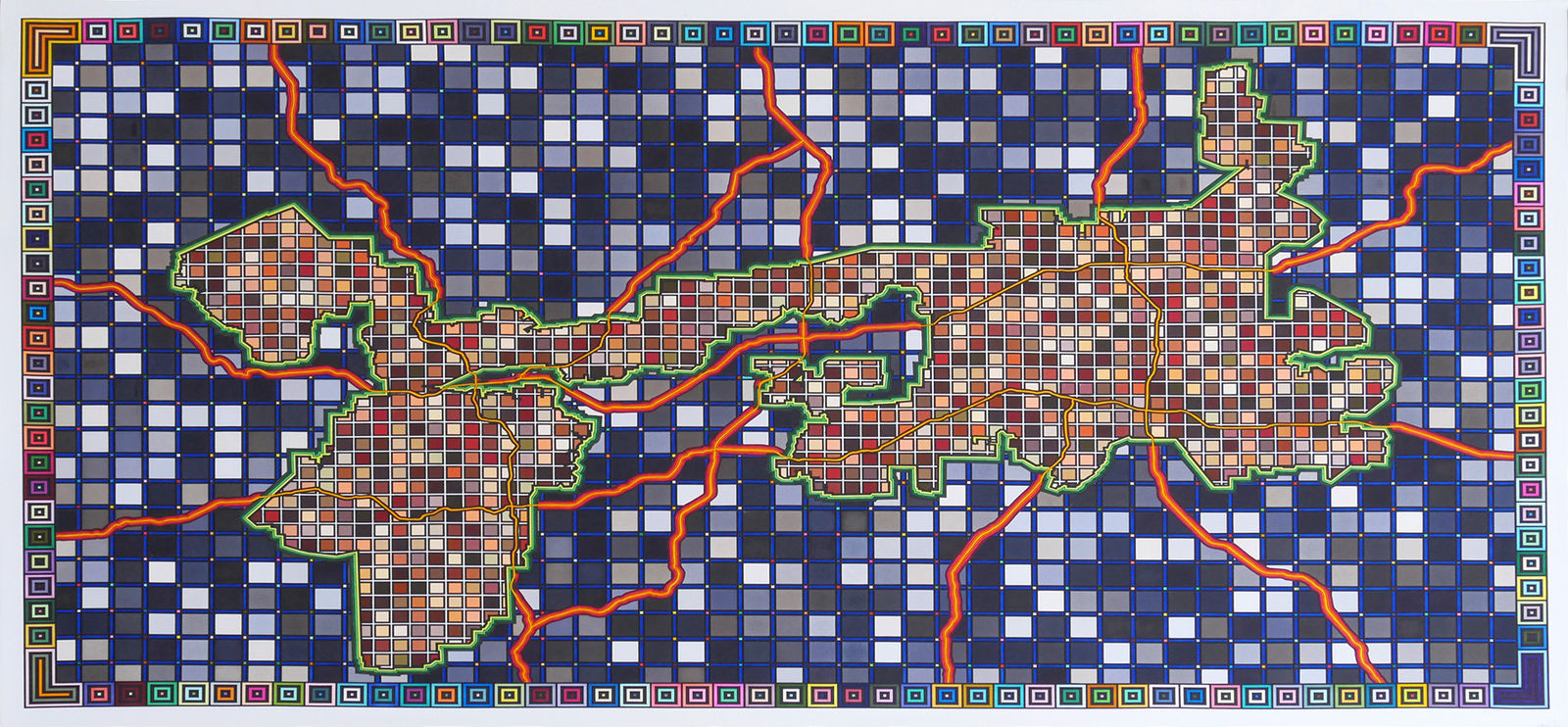 Various gray-scale squares surround the geographic silhouette of Texas’s thirty third voting district which is highlighted by a bright green border and filled with smaller earth toned squares Thin bright orange trails cut through these squares and thicken as they enter the gray area