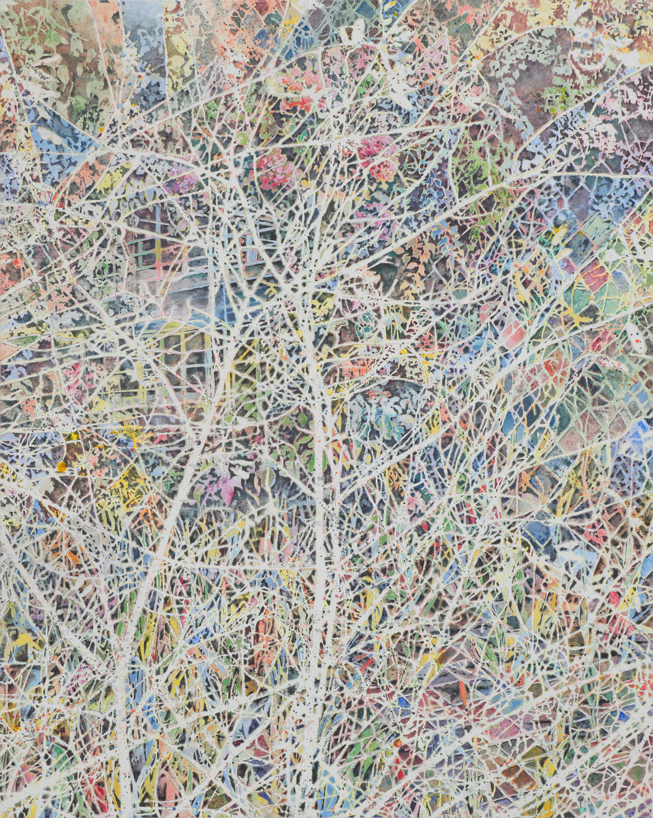 Against a bright and playful multicolored background, thin white lines cut across the canvas.