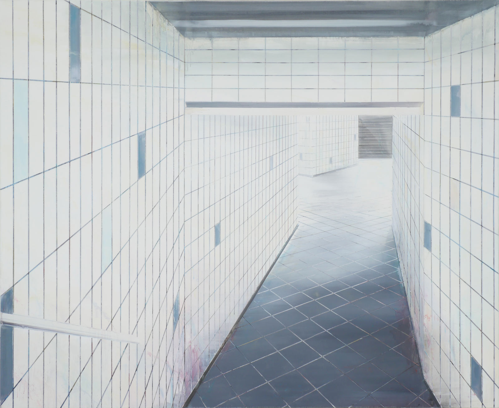 Dirty white and blue tiled hallway with dark floor ceiling and stairs